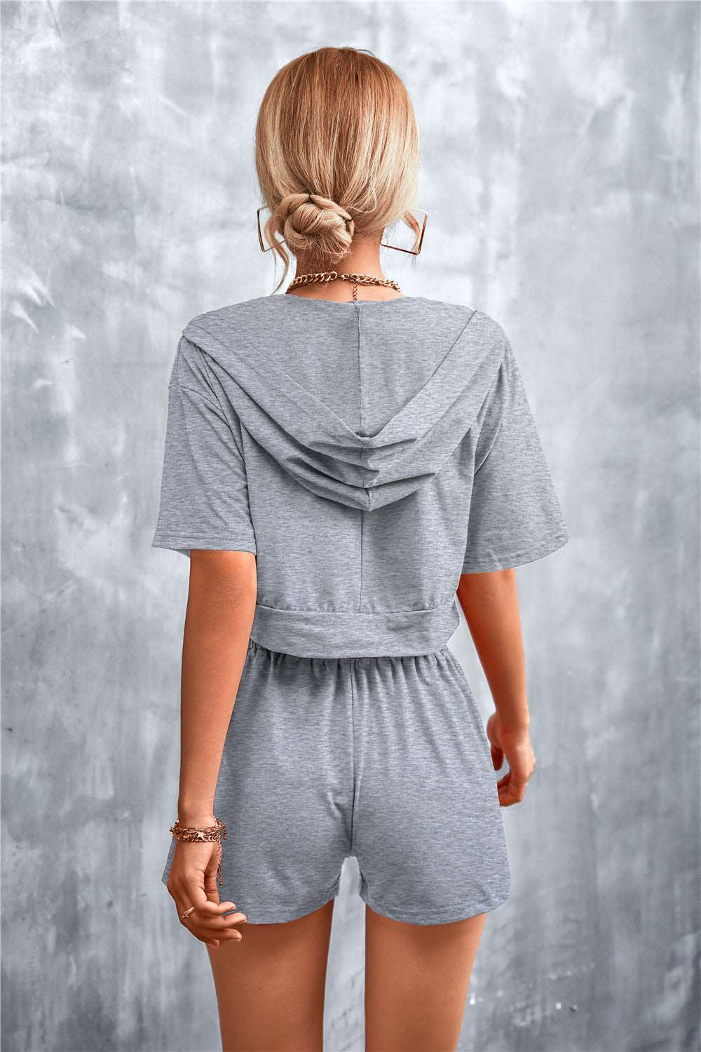 Loungwear Half Zip Cropped Hooded T-Shirt and Shorts Set