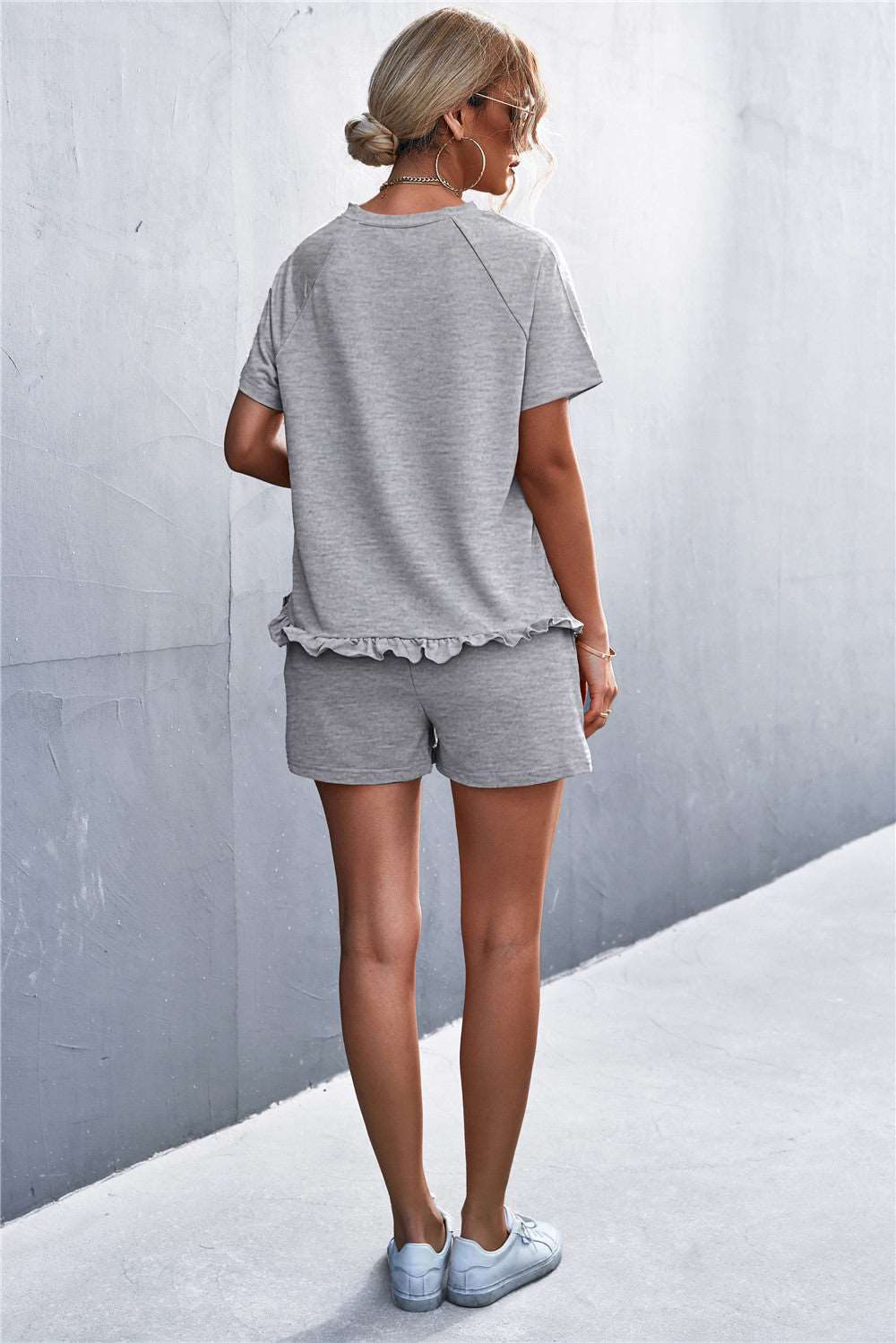 Loungewear Ruffle Hem Top and Shorts Set with Pockets