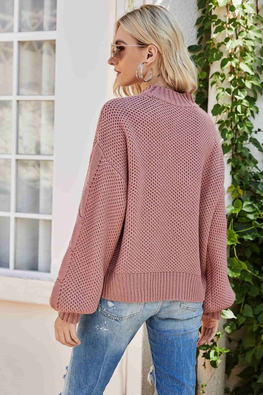 A Mixed Knit Crewneck Drop Shoulder Sweater