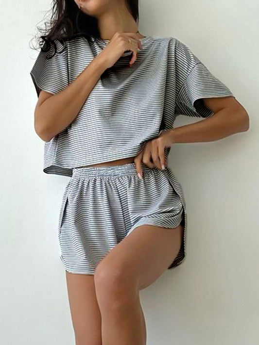 A Sexy Striped Round Neck Top and Shorts Set