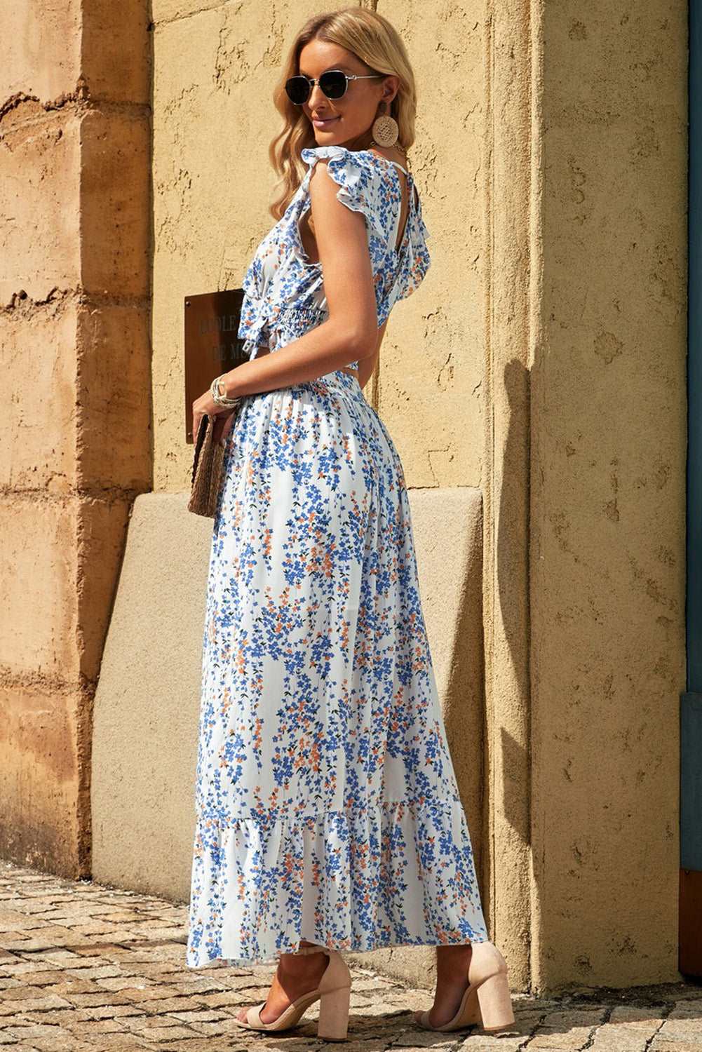 Floral Print Tie Back Cropped Top and Maxi Skirt Set