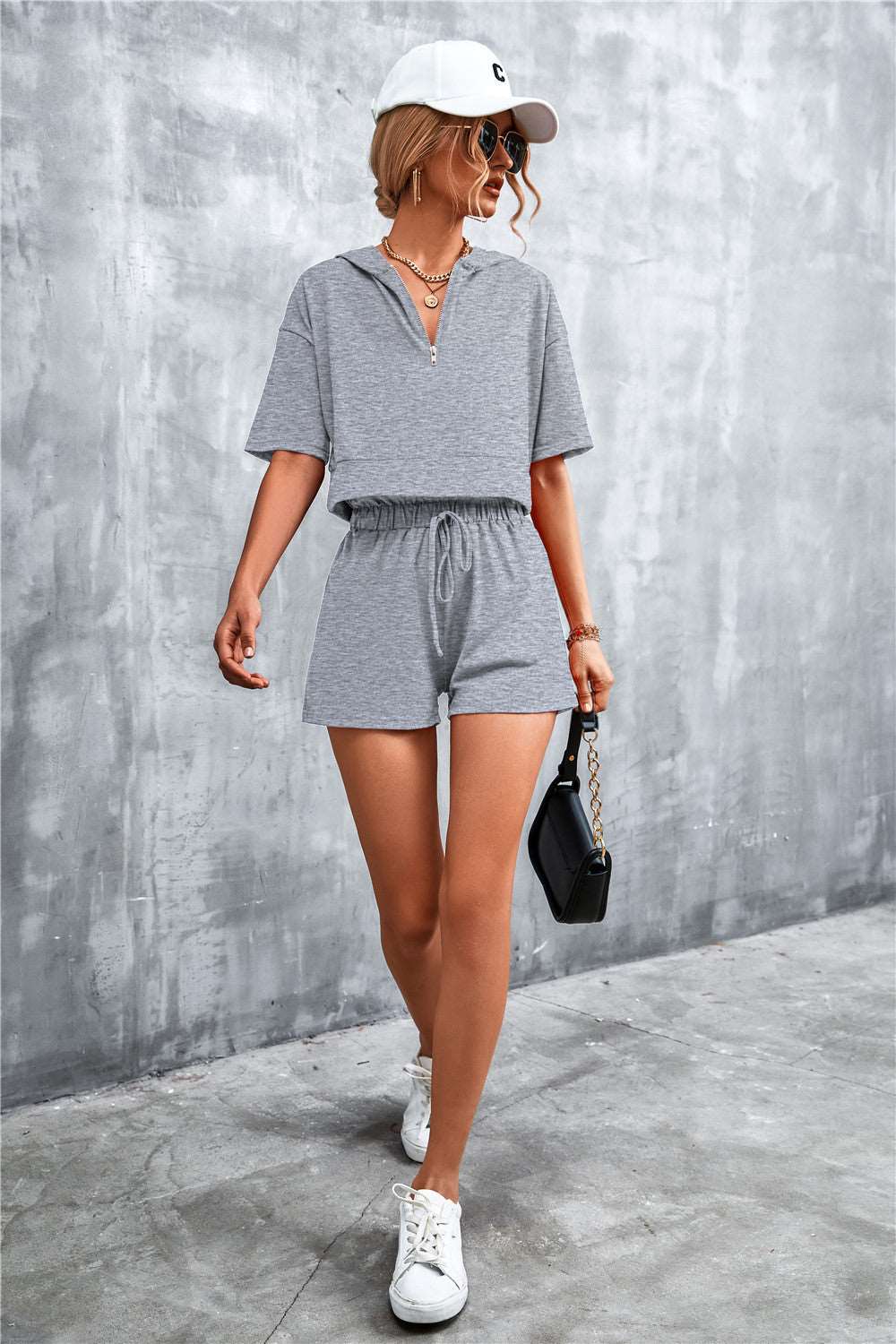 Loungwear Half Zip Cropped Hooded T-Shirt and Shorts Set