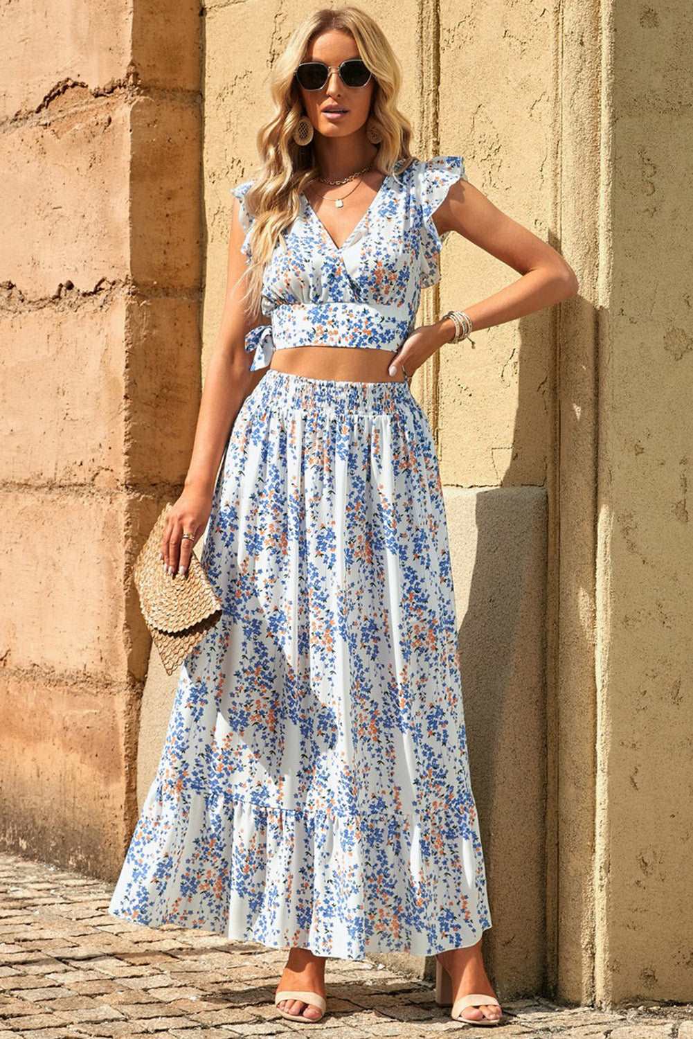 Floral Print Tie Back Cropped Top and Maxi Skirt Set