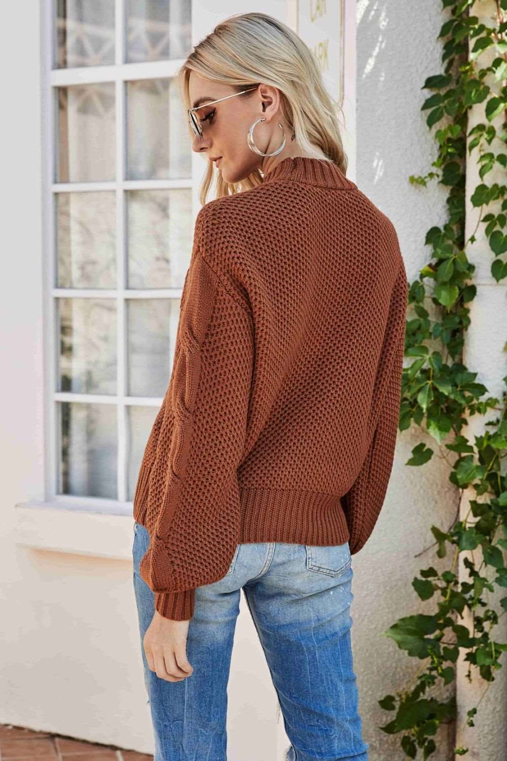 A Mixed Knit Crewneck Drop Shoulder Sweater