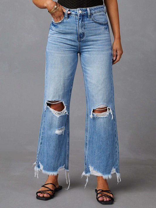 Pants Distressed Raw Hem Jeans with Pockets
