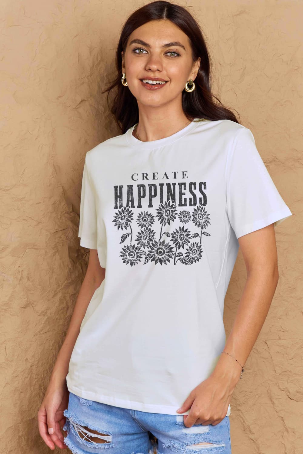 Fall CREATE HAPPINESS Graphic Cotton T-Shirt