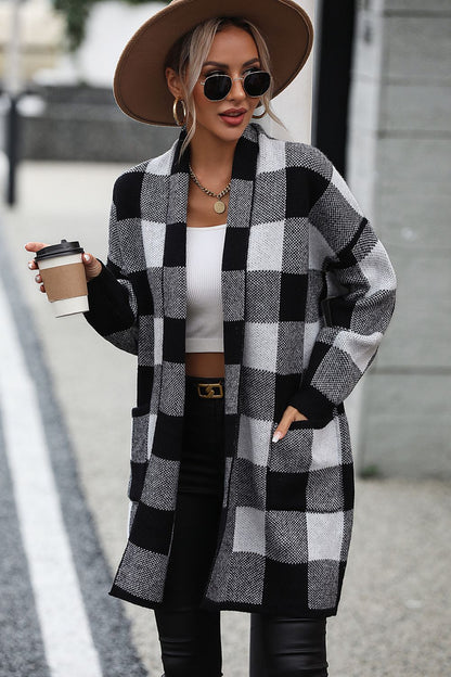 Top Plaid Dropped Shoulder Cardigan with Pocket