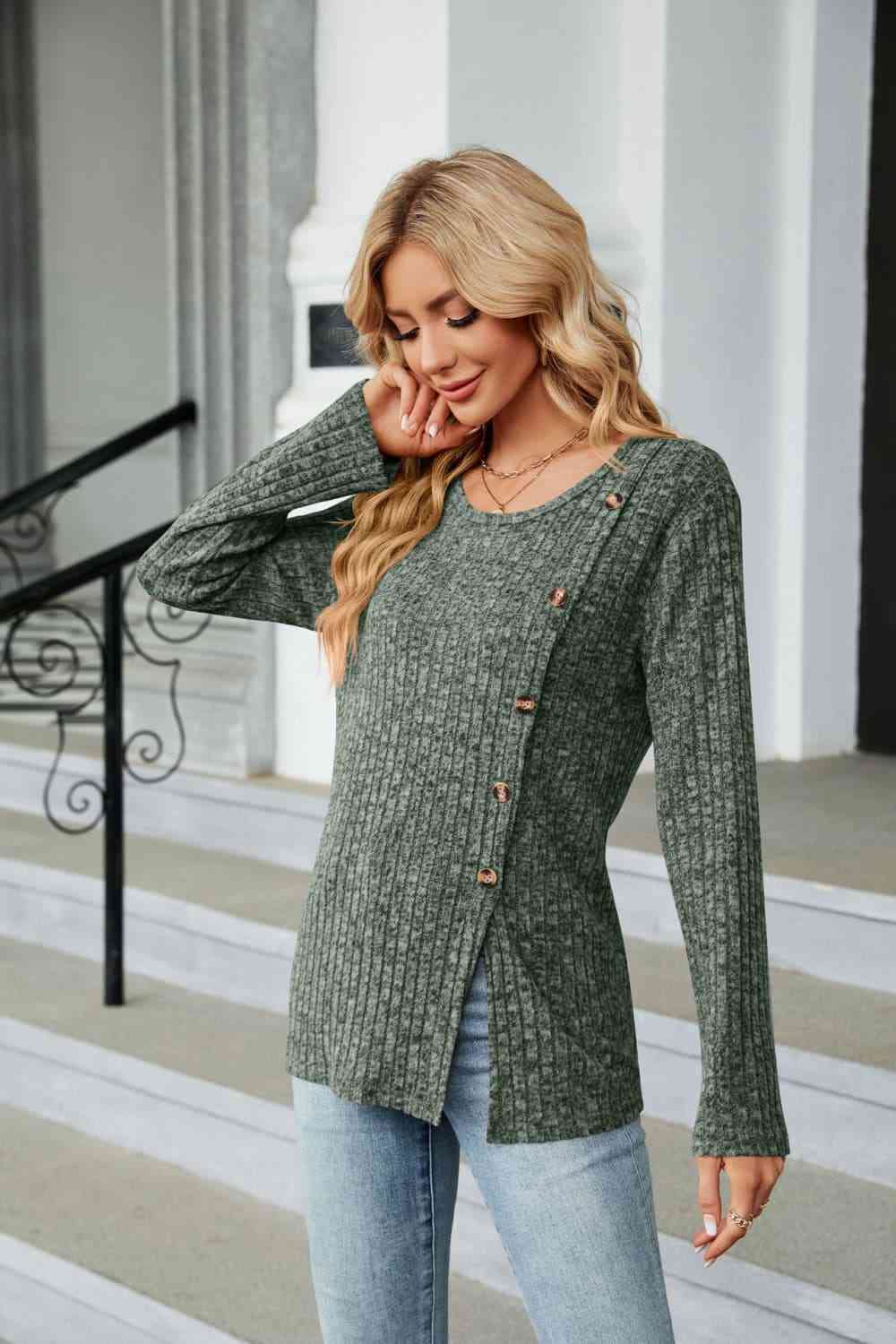 A Casual Buttoned Long Sleeve Slit Top