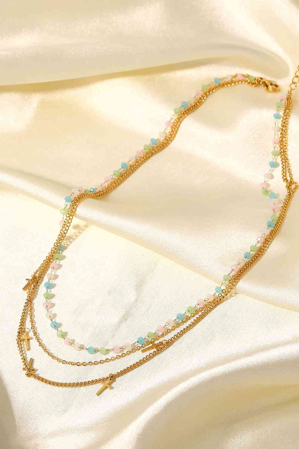 JA Gold Cross Pendant Triple-Layered Necklace
