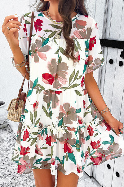 A Floral Printed Tiered Round Neck Mini Dress
