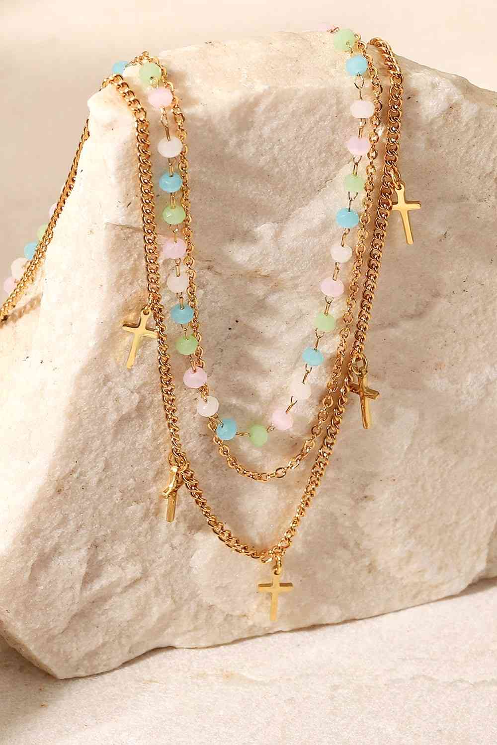 JA Gold Cross Pendant Triple-Layered Necklace