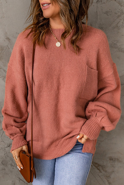 Top Sweater Ribbed Trim Lantern Sleeve Pocketed