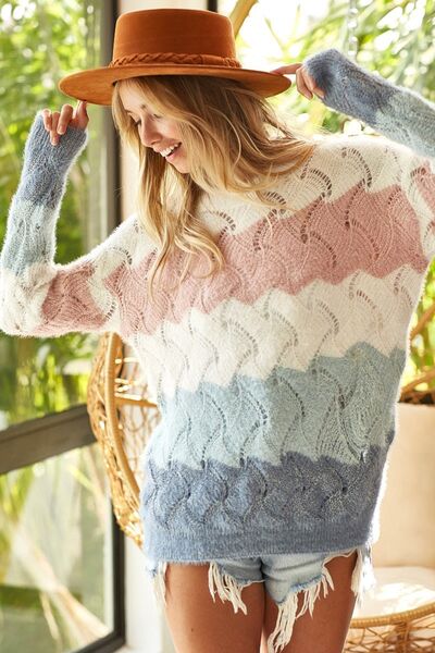 A Color Block Openwork Long Sleeve Sweater