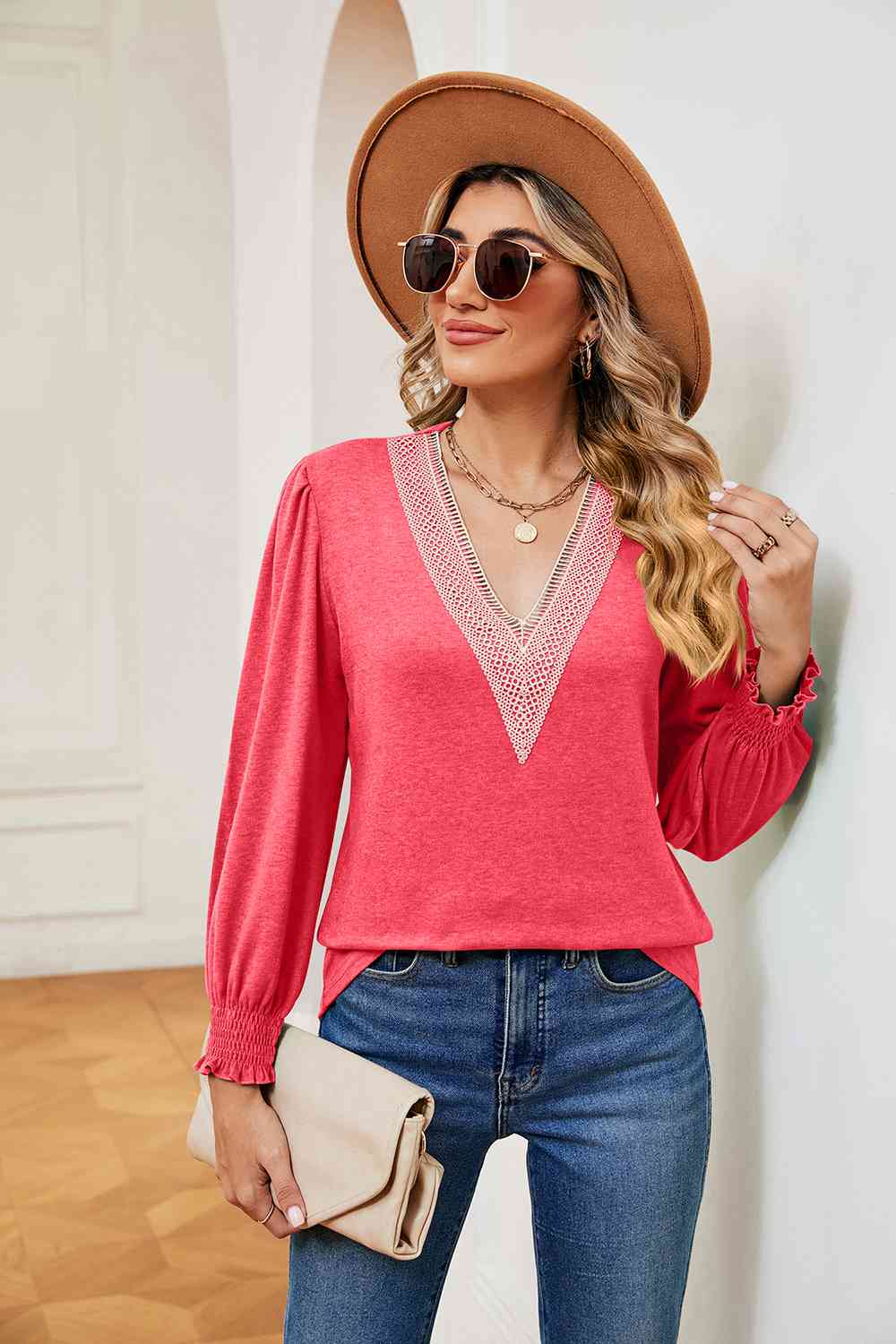 A Contrast V-Neck Long Sleeve Top