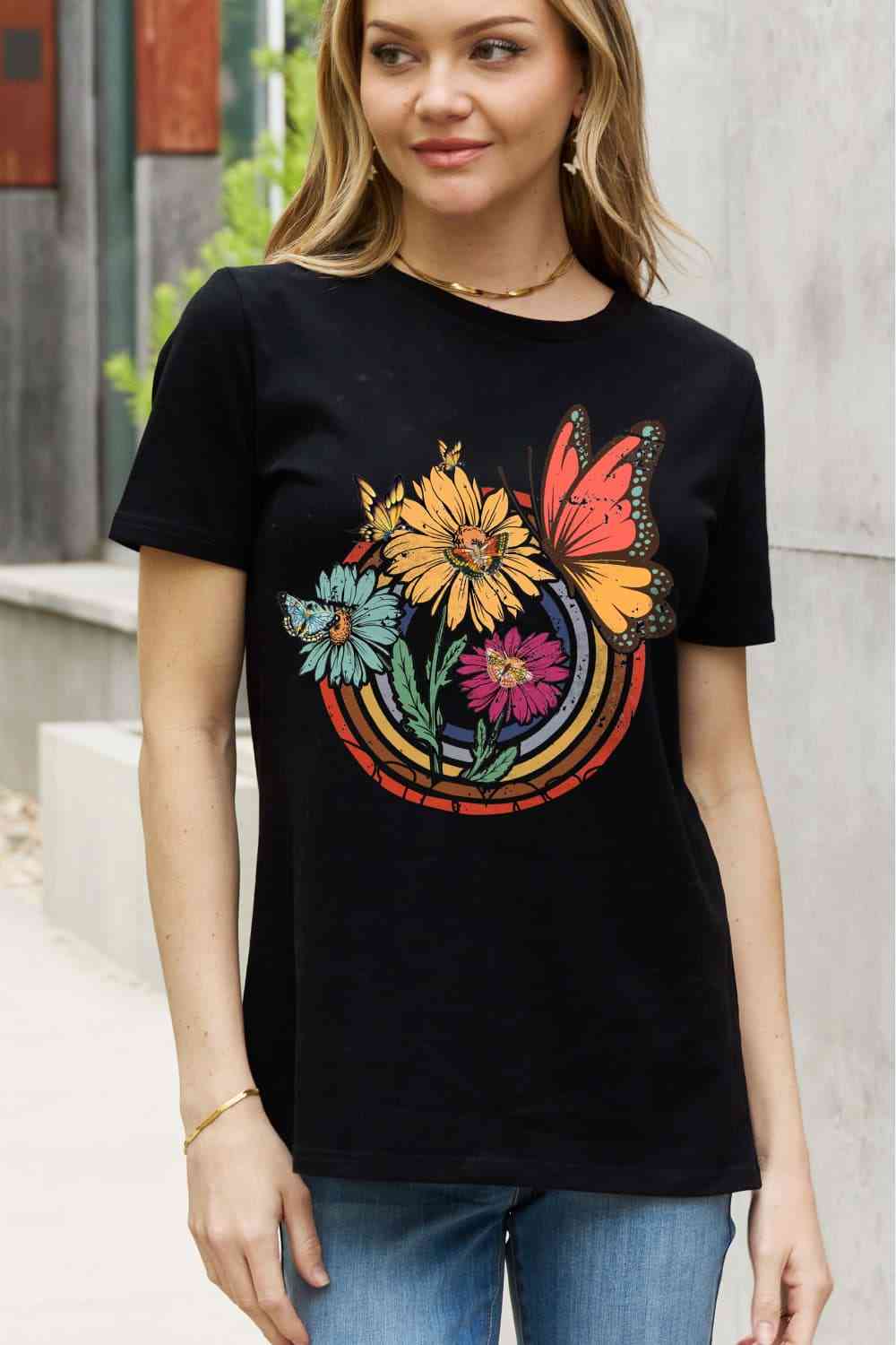 BM TEE A Flower & Butterfly Graphic Cotton Tee