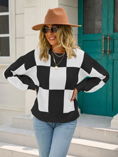 A Checkered Round Neck Dropped Shoulder Sweater