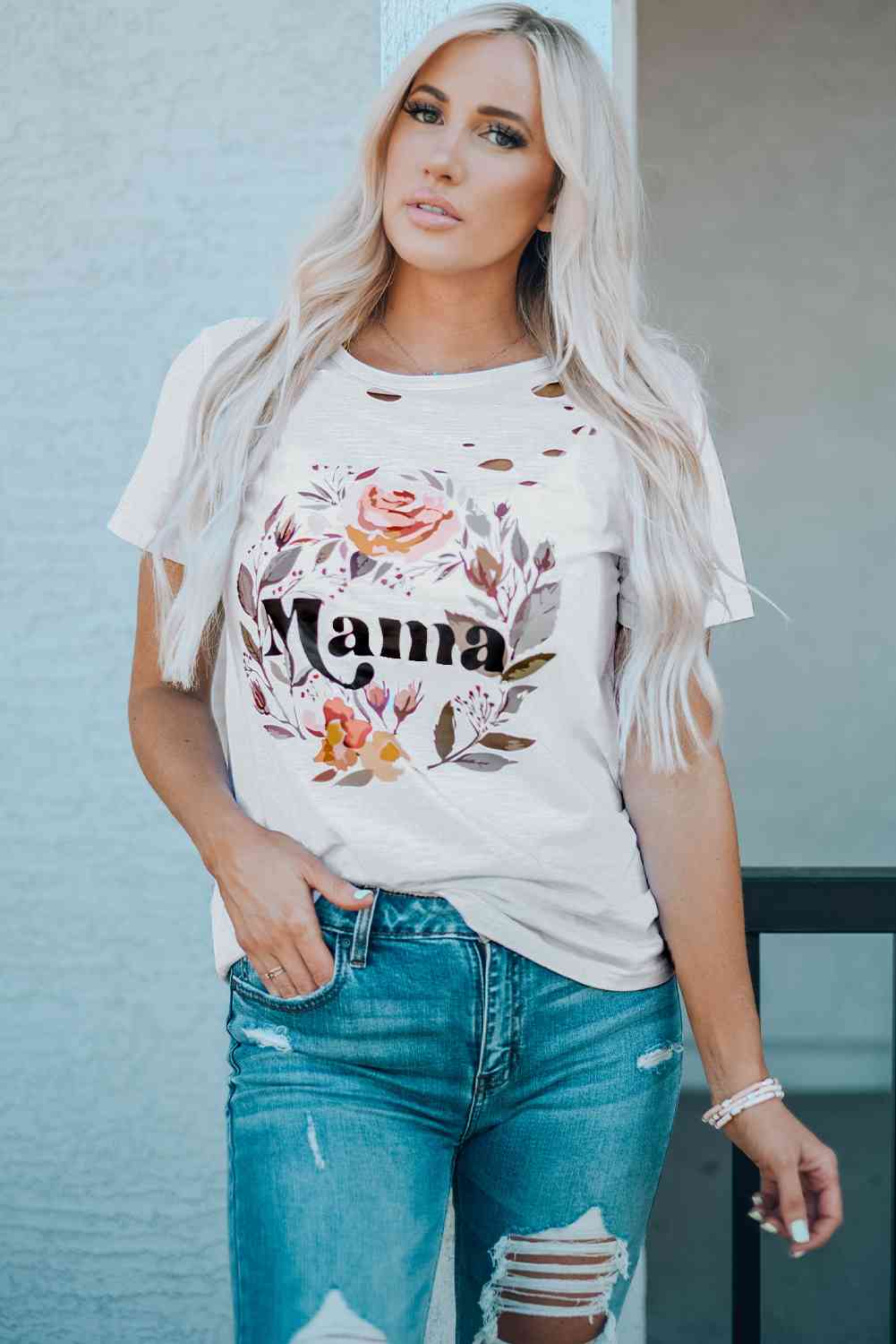 BM TEE A MAMA Floral Graphic Distressed Tee