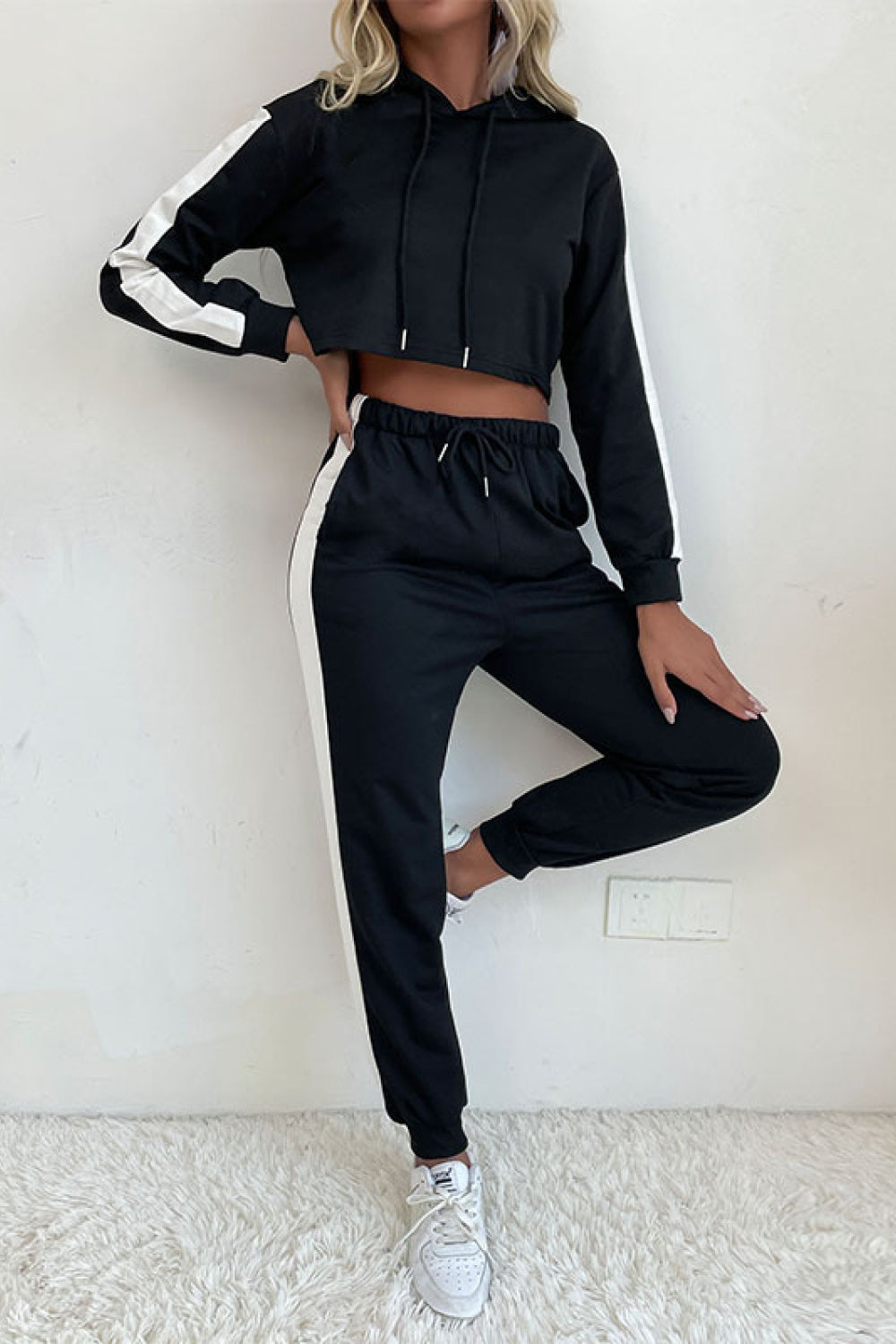 Sports Side Stripe Cropped Hoodie and Jogger Set