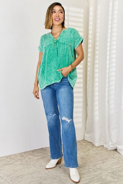 A Washed Raw Hem Blouse with Pockets