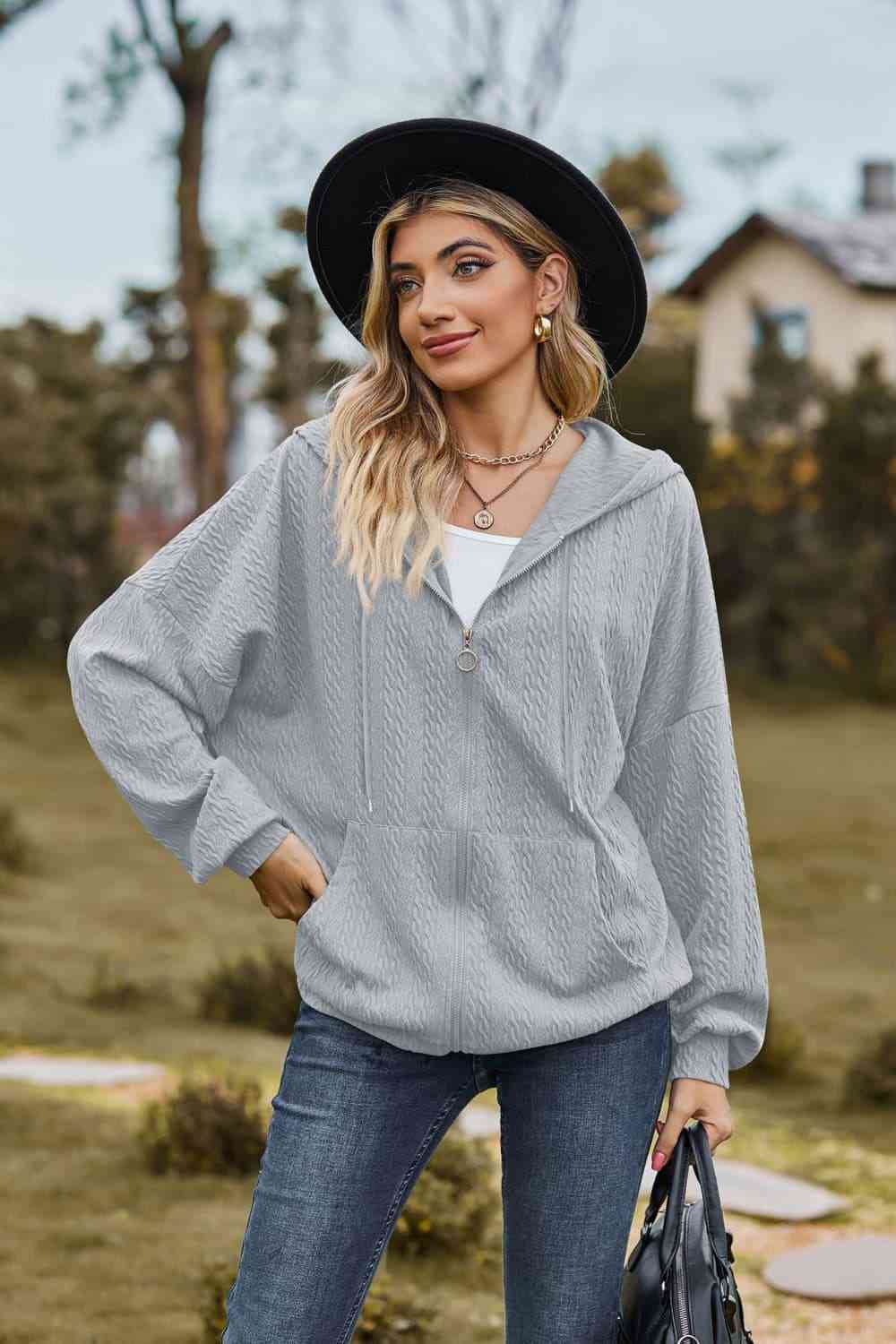 Top A Cable-Knit Long Sleeve Hooded Jacket