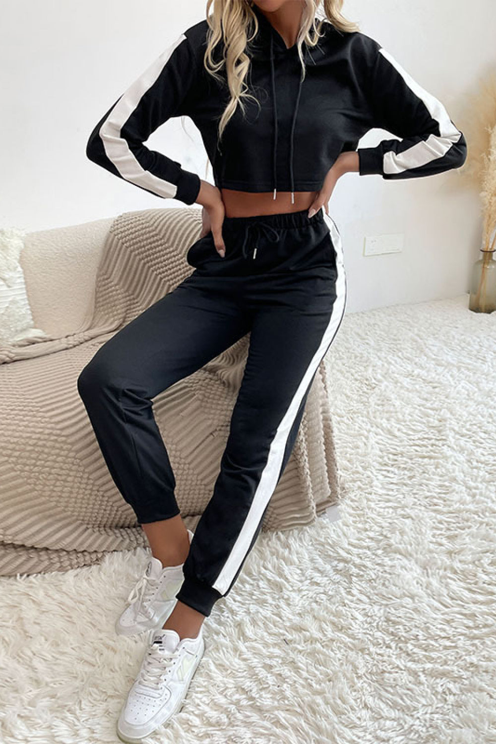 Sets Side Stripe Cropped Hoodie and Jogger Set