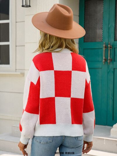 A Checkered Round Neck Dropped Shoulder Sweater