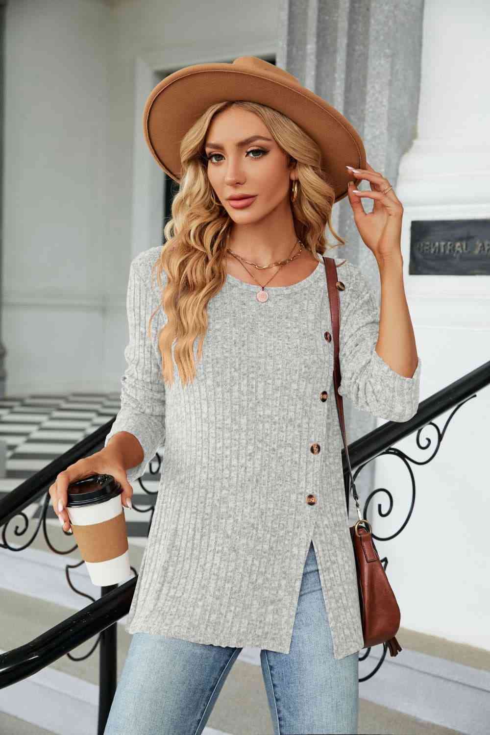 A Casual Buttoned Long Sleeve Slit Top