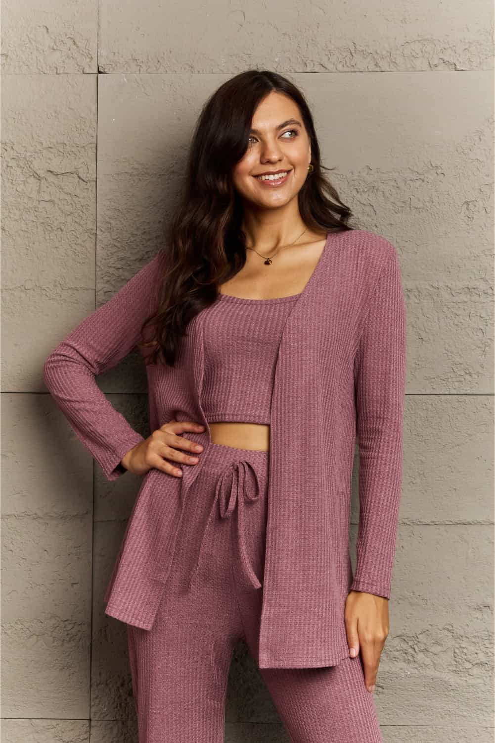 A Cropped Top, Pants and Cardigan Lounge Set