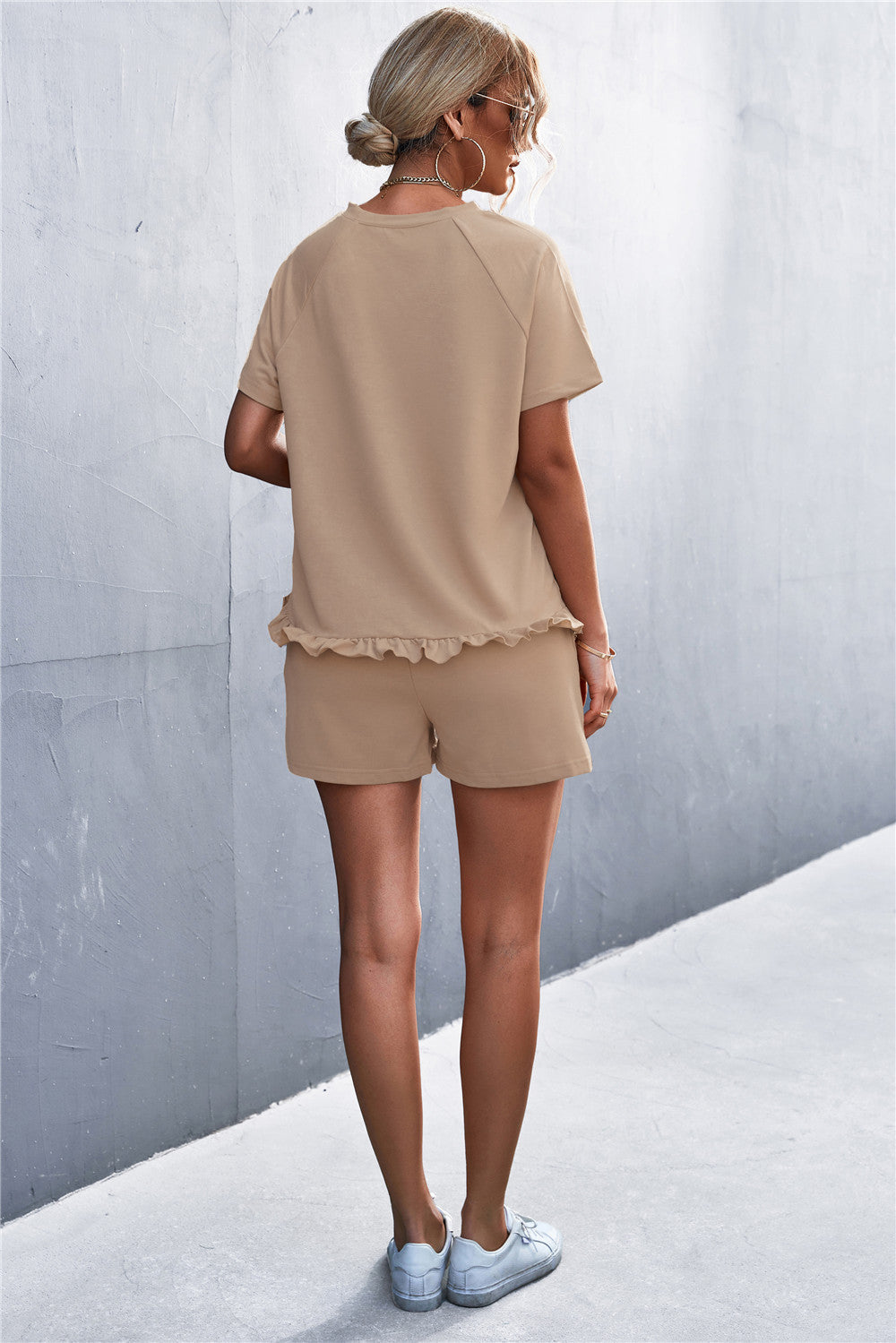 Loungewear Ruffle Hem Top and Shorts Set with Pockets