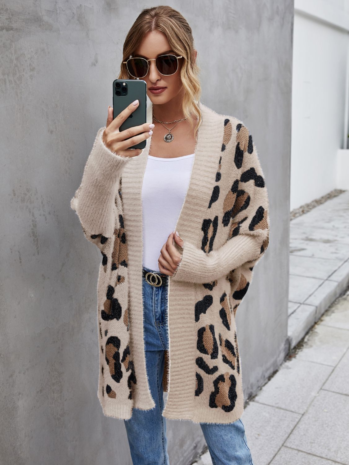 Top Leopard Pattern Fuzzy Cardigan