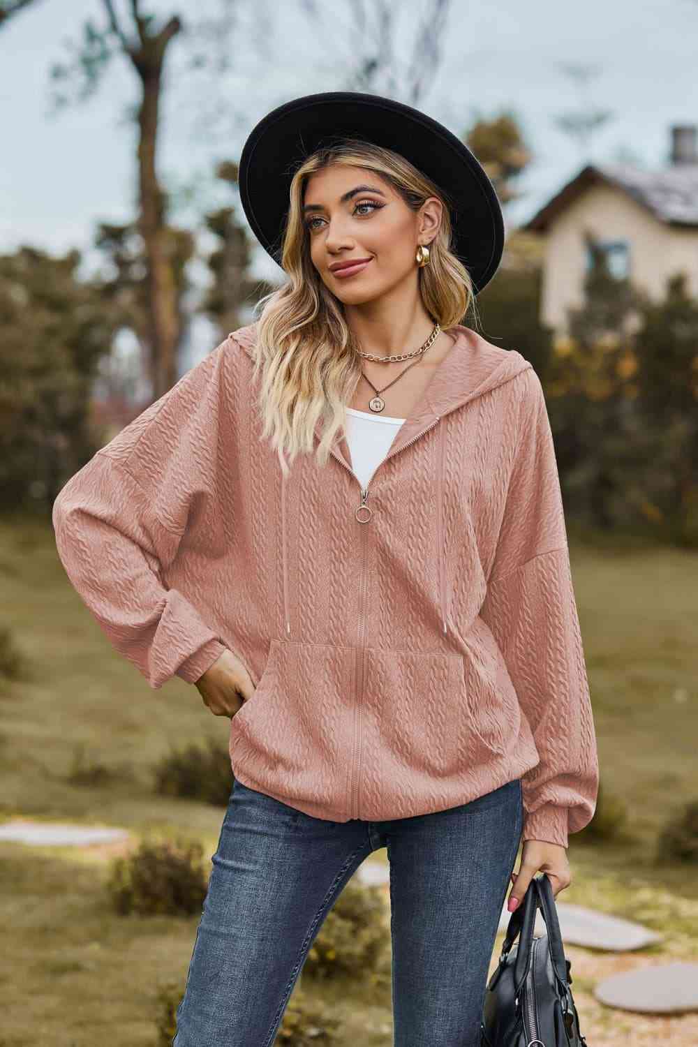 Top A Cable-Knit Long Sleeve Hooded Jacket