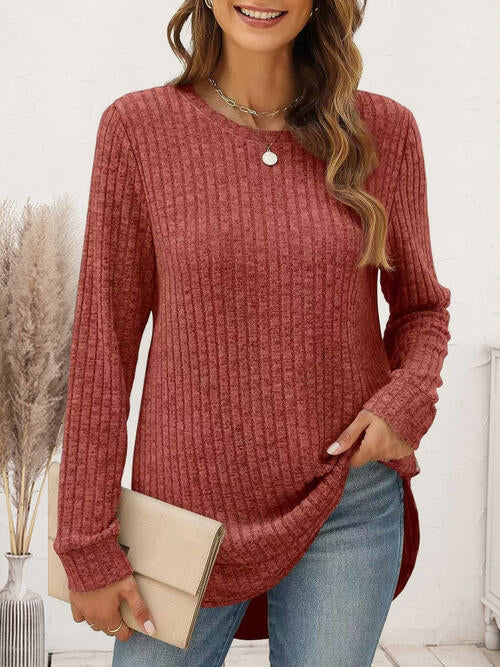 A Cozy Ribbed Round Neck Long Sleeve T-Shirt