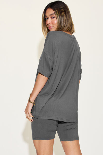 A Loungewear Basic Bae V-Neck T-Shirt and Shorts Set