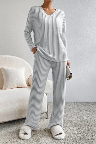 A Chic Ribbed V-Neck Top and Pants Set