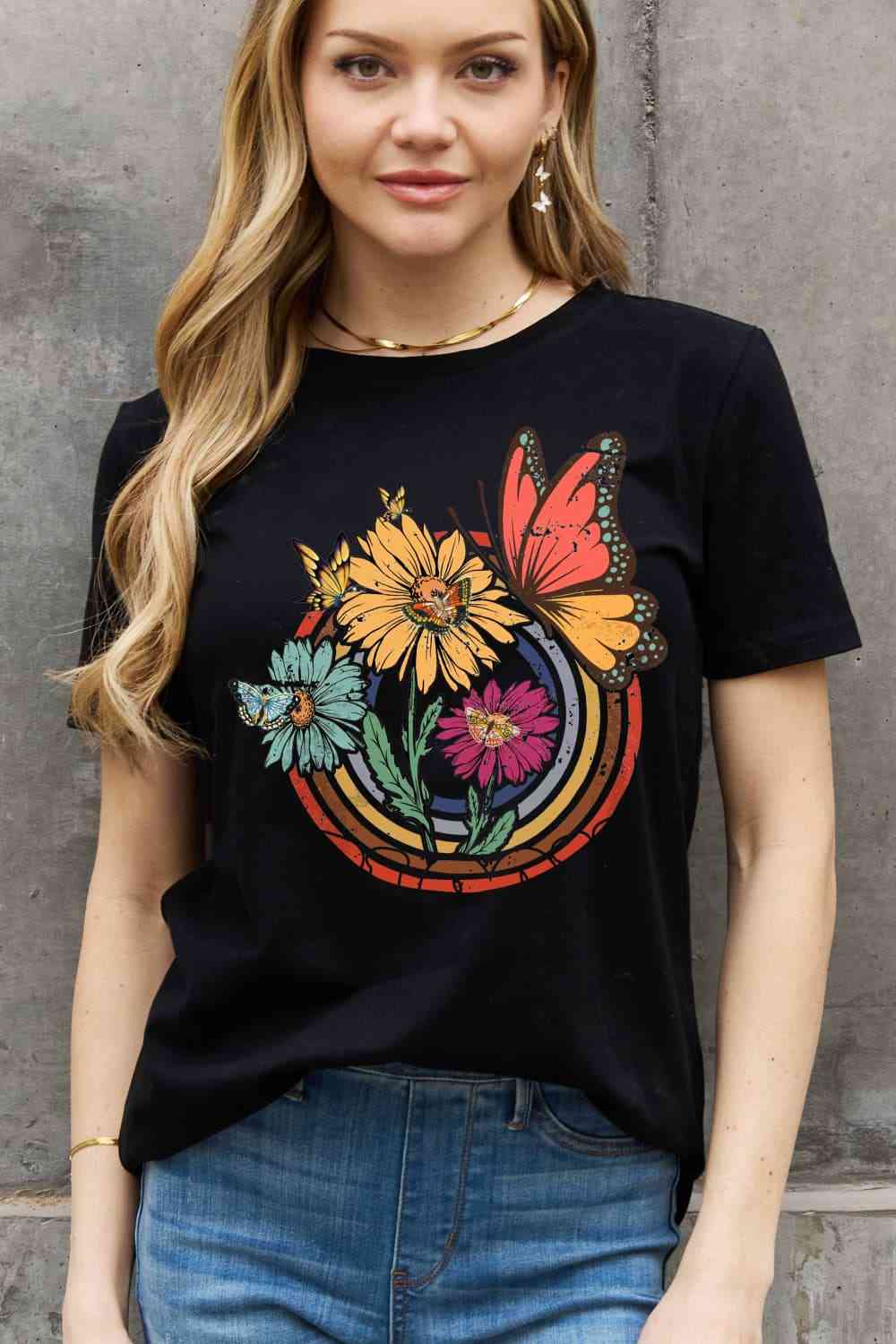 BM TEE A Flower & Butterfly Graphic Cotton Tee