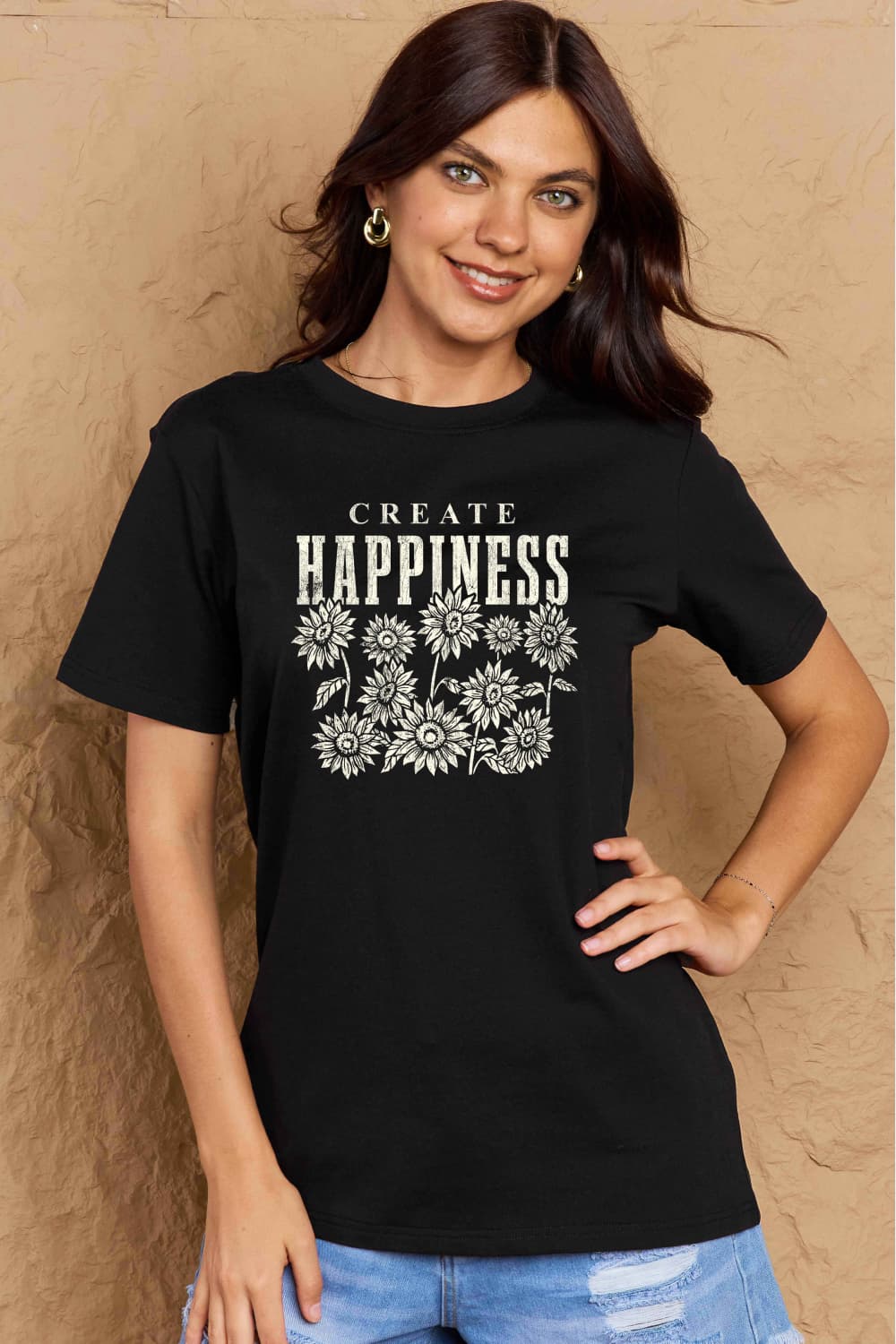 Fall CREATE HAPPINESS Graphic Cotton T-Shirt