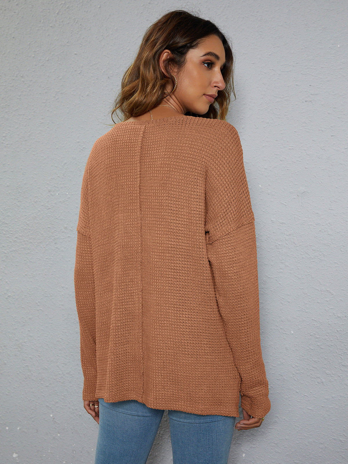 Top High-Low Waffle-Knit Sweater